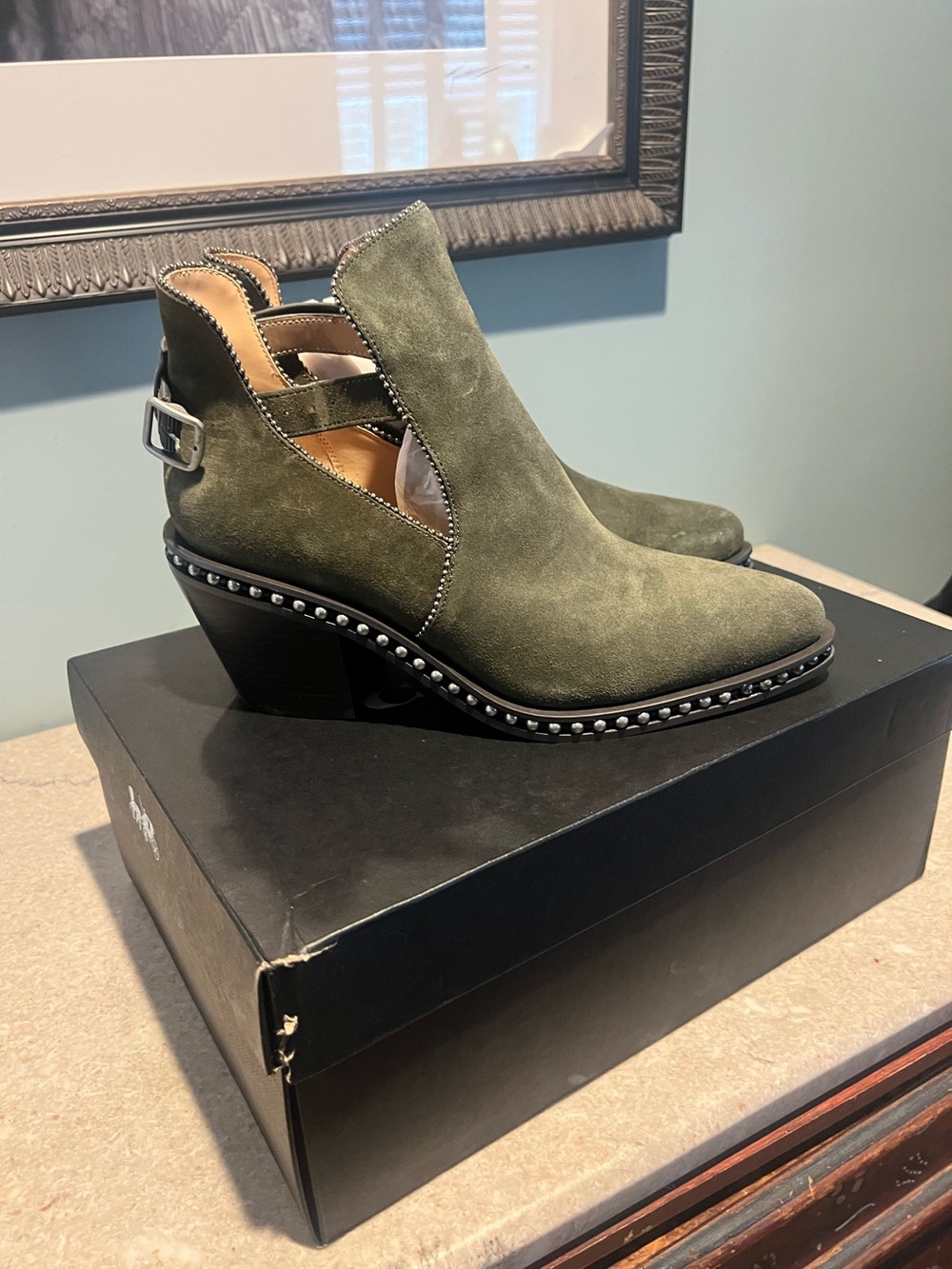 Coach Olive Green Suede Pippa Cutout Ankle Boots - Sz. 10 - Picture 3 of 14